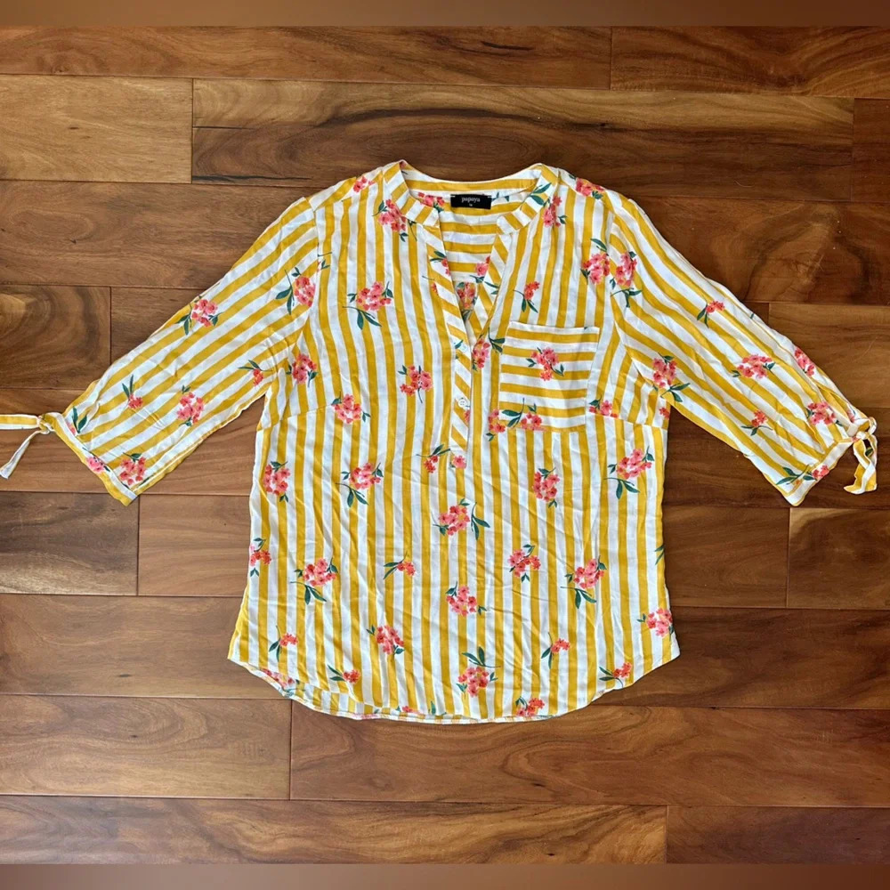 Papaya Yellow & White Floral Stripe Blouse with Tie Sleeves size 14